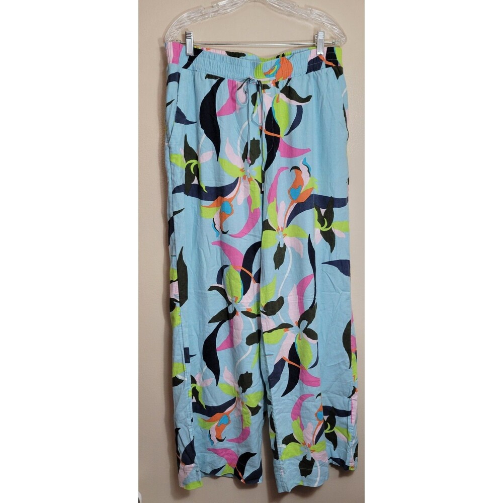 A New Day Wide Leg Linen Blend Pants Size Large Blue Floral Lagenlook Bohemian